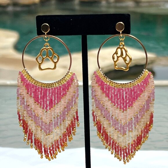 Handmade Beaded Long Fringe Paw Love Dangle Drop Lightweight Post Hoop Earrings - Picture 8 of 9